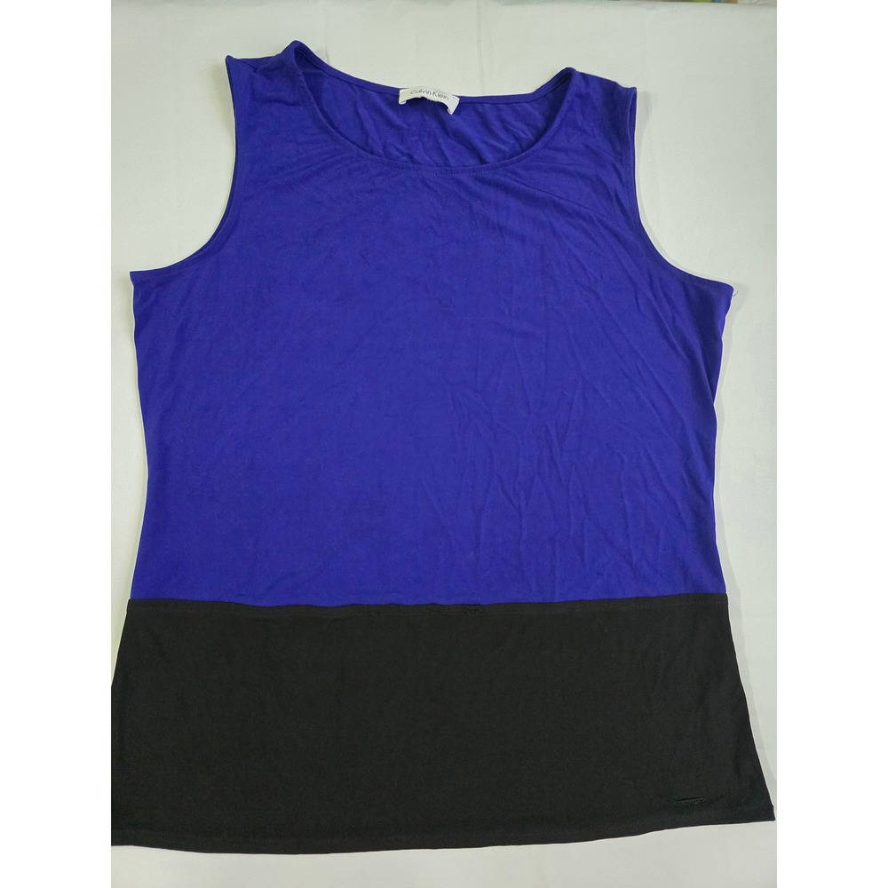 Calvin Klein Womens Blue Black Colorblock Sleeveless Shell Top Stretch Jersey L - Picture 3 of 13